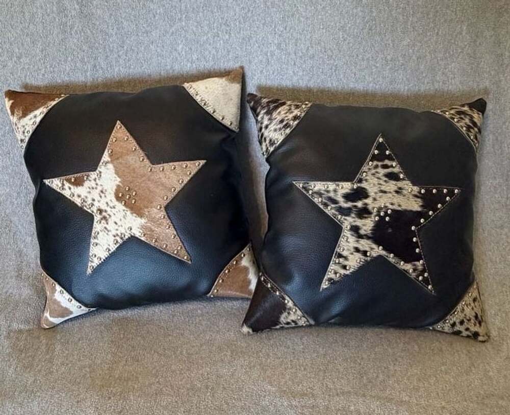 Set of 2 Western Cowhide Star Throw Pillows – Rustic Black Leather & Hair-on-Hid
